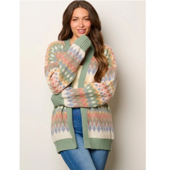 New The Brielle" Sage Diamond Print Open Front Cardigan - Picture 3 of 3